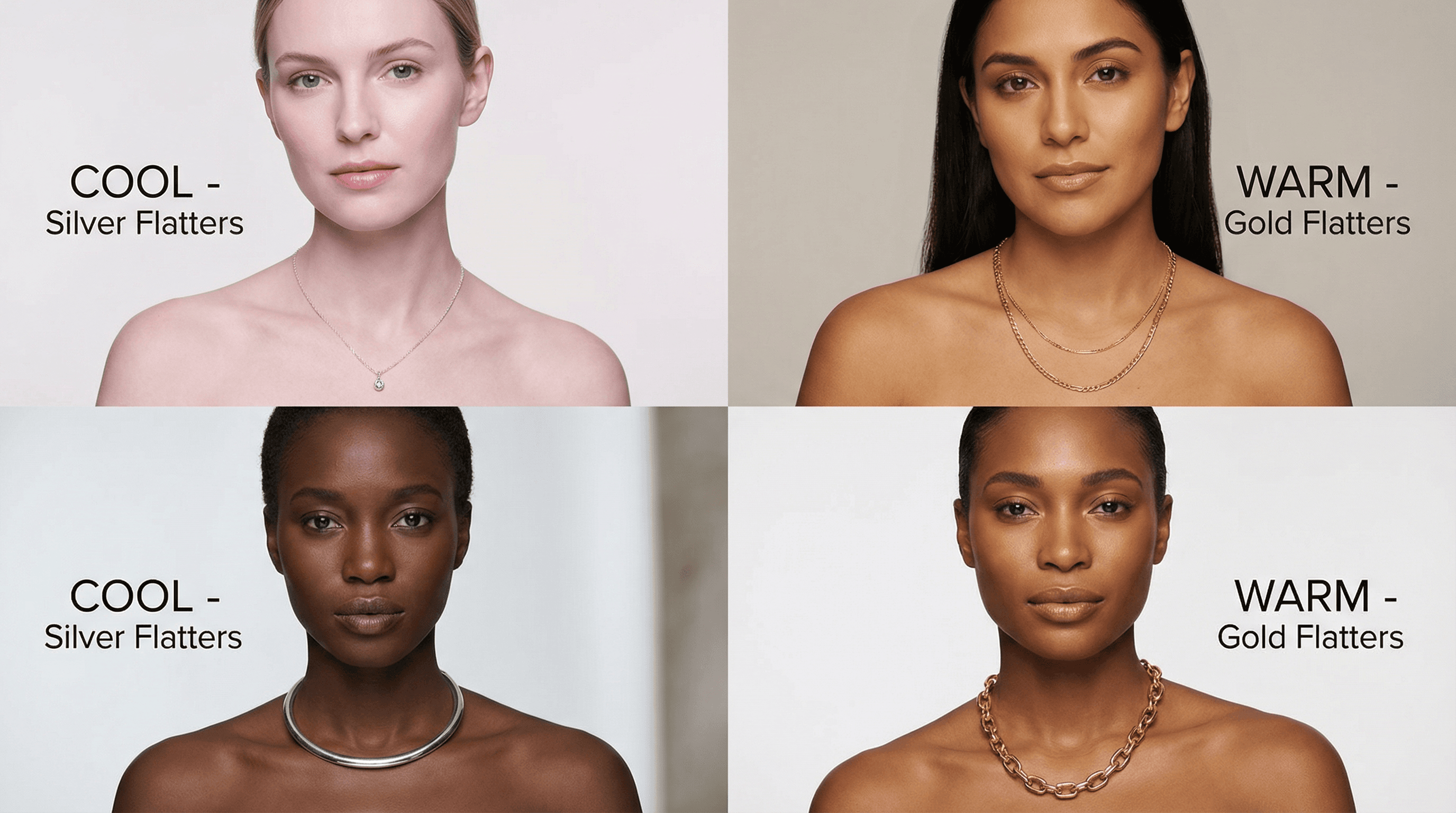 Jewelry test showing gold vs silver jewelry on different undertones